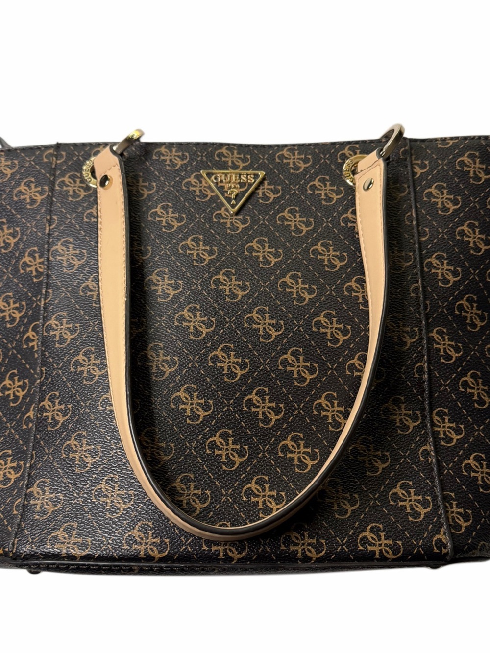 GUESS Brown Logo Monogram Tote Shoulder Bag Purse Gold Hardware Zip Top EUC
